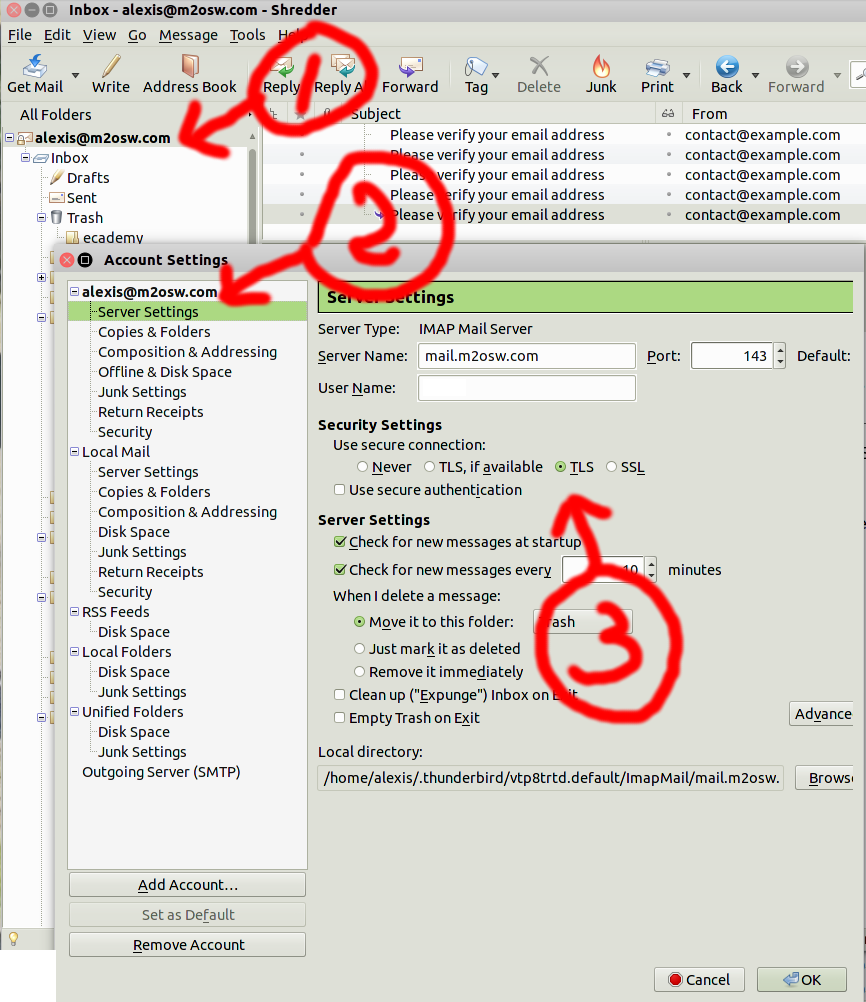 Thunderbird settings to use TLS instead of SSL.